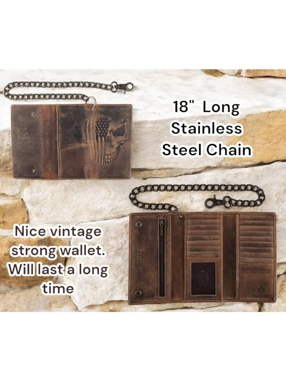 Classic RFID Blocking Men's Tri-Fold Leather Wallet with Steel Chain, Brown